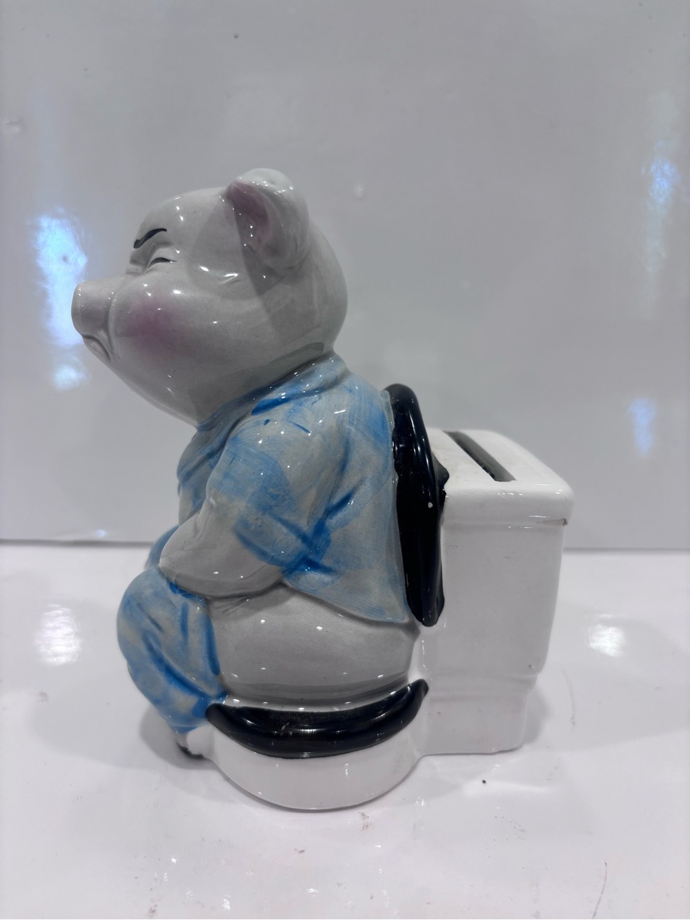 Vintage Ceramic Pig Figurine Piggy Bank On Toilet 5” Original Stopper - Picture 2 of 7
